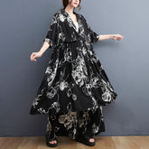 Loose Short Sleeves Printed Blouse & Wide Leg Pants Suit